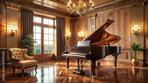 Elegant grand piano in a luxurious room, polished wood glistens in soft light, casting a warm ambiance, perfect for a sophisticated musical performance.