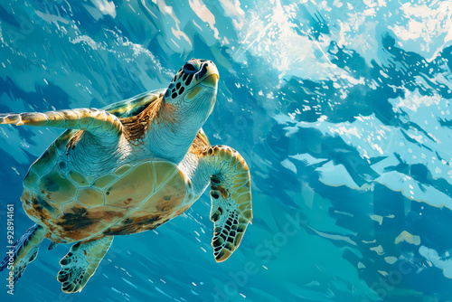 A turtle swimming in the ocean with its head above the water photo