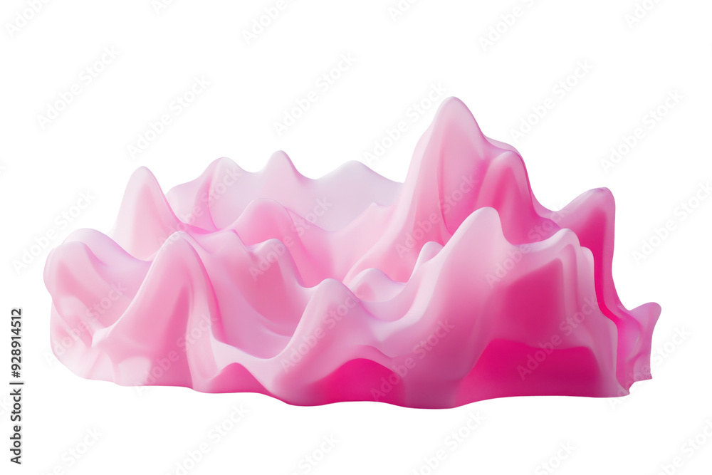 Abstract pink 3D shape with smooth, organic curves and peaks, resembling a fluid, dreamy landscape or artistic digital sculpture. Abstract pink 3D shape with smooth, organic curves and peaks, resembling a fluid, dreamy landscape or artistic digital sculpture.