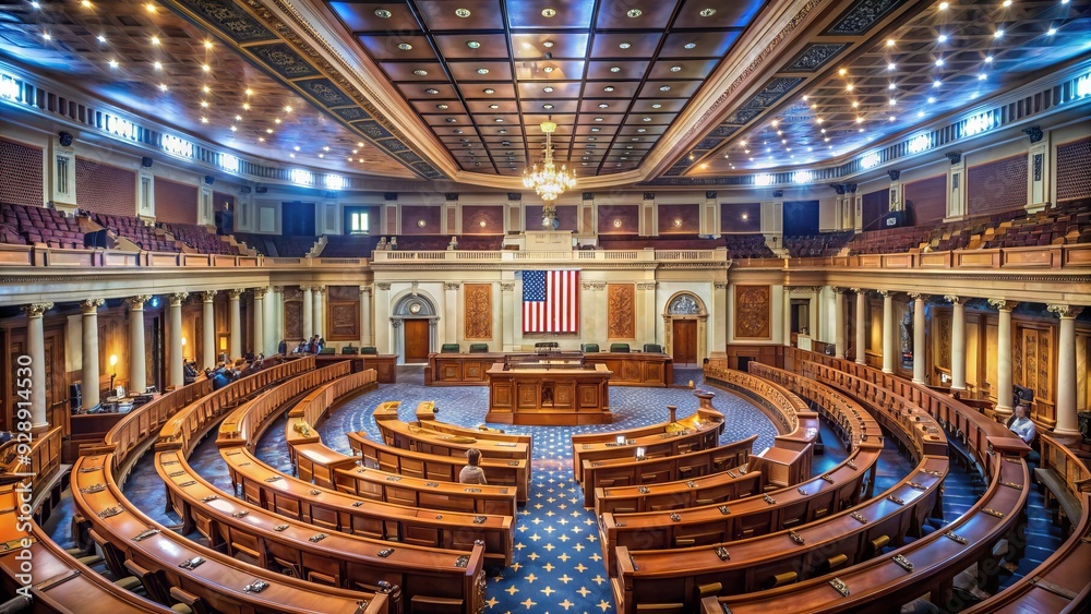 Elegant interior of the United States Capitol Building's House of Representatives chamber, featuring a stately lectern, ornate ceiling, and rows of wooden desks.