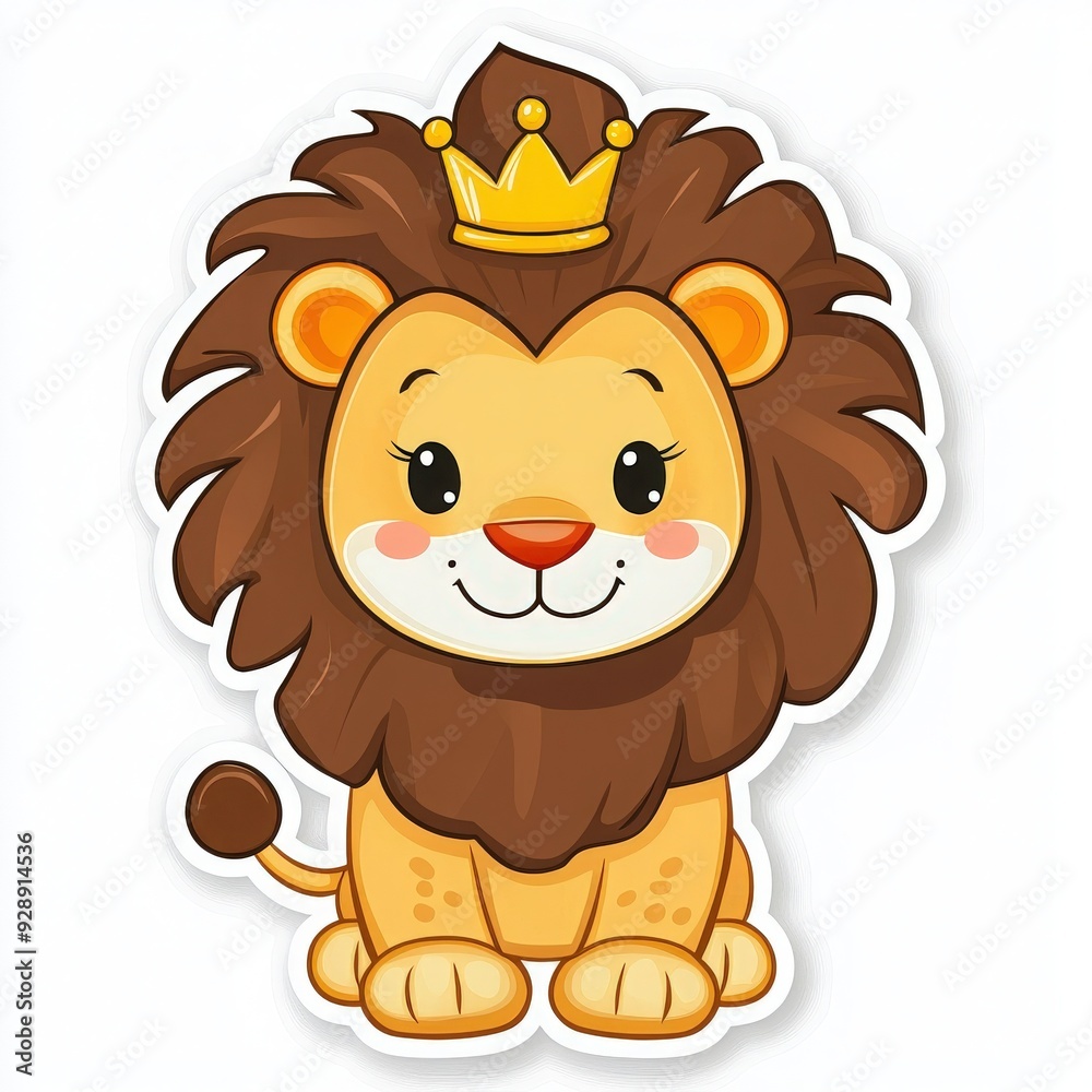 Obraz premium Cute cartoon lion wearing a crown, perfect for children's designs, illustrations, and themed projects.