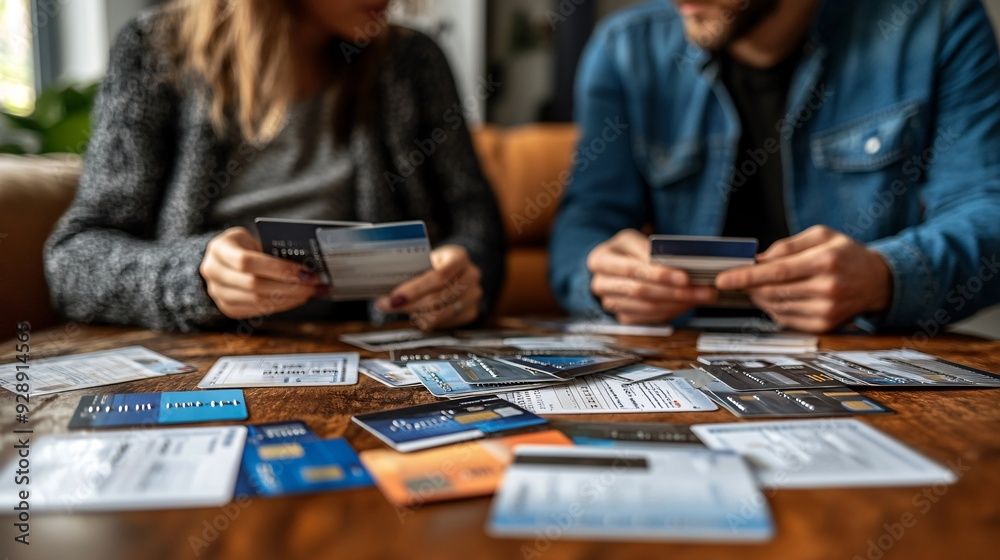 Fototapeta premium A couple cutting up multiple credit cards as they take steps to eliminate debt and improve their financial health Stock Photo with copy space