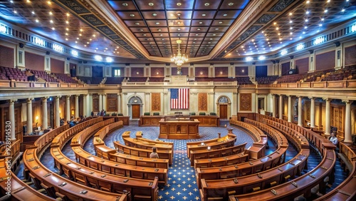 Obraz na płótnie Elegant interior of the United States Capitol Building's House of Representatives chamber, featuring a stately lectern, ornate ceiling, and rows of wooden desks. w salonie