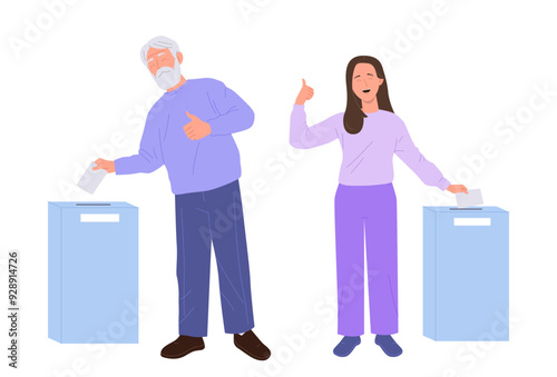 Young woman and senior man voter cartoon character gesturing thumbsup approving fair election