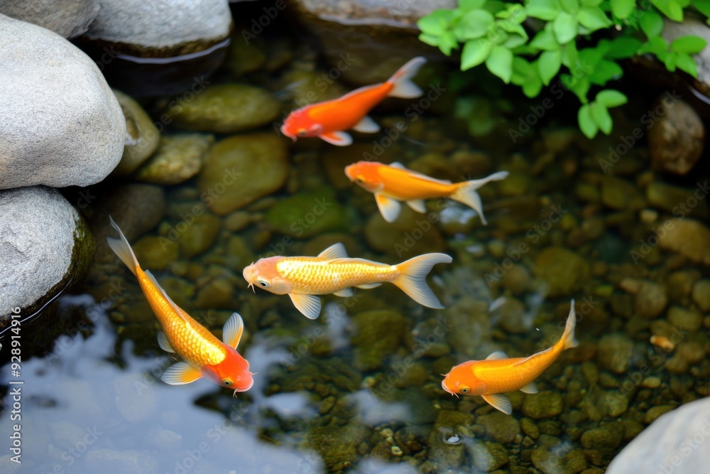 Vibrant koi fish swimming in a clear pond surrounded by smooth stones and lush greenery, creating a serene and peaceful atmosphere.