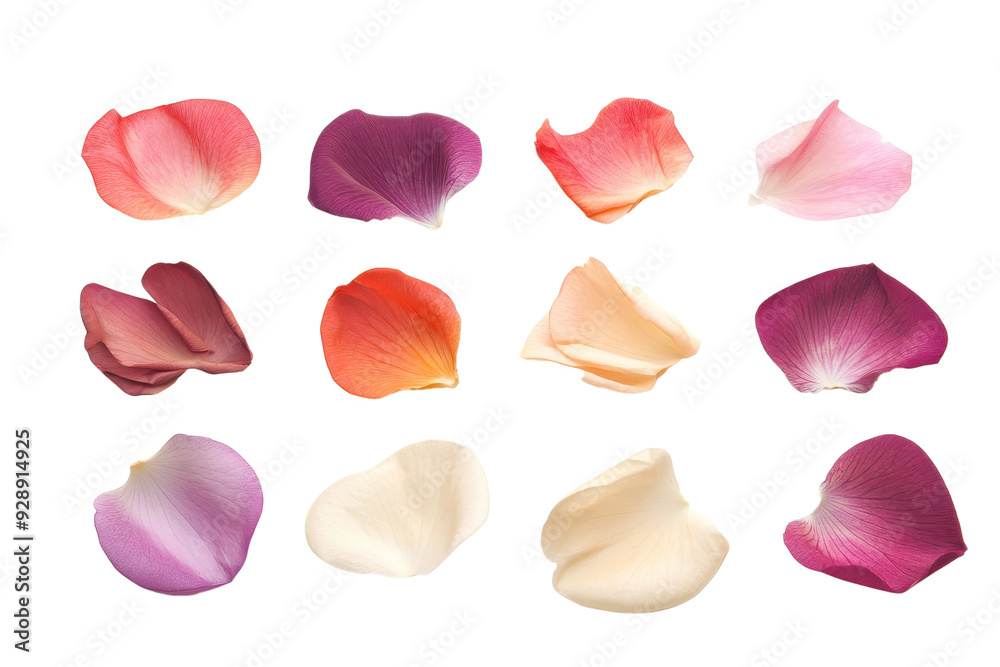 Fototapeta premium Assorted colorful rose petals on a transparent background. presentations, and decorative designs.