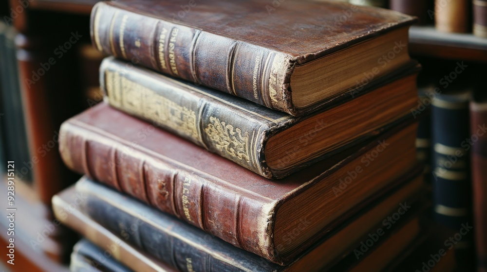 A stack of antique leather-bound books, showcasing their age and history. The worn pages and intricate details add to their charm. A stack of antique leather-bound books, showcasing their age and history. The worn pages and intricate details add to their charm.