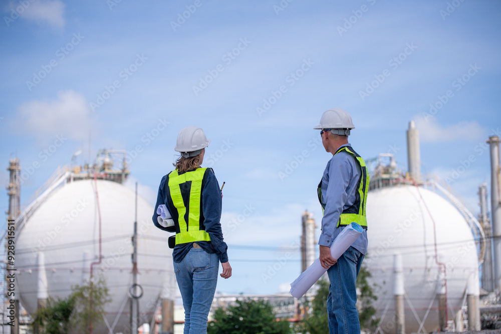 Engineers wearing safety gear, including hard hats examining survey a large blueprint standing industrial facility gas or oil refinery engaged in a job requires high safety standards concept. Engineers wearing safety gear, including hard hats examining survey a large blueprint standing industrial facility gas or oil refinery engaged in a job requires high safety standards concept.