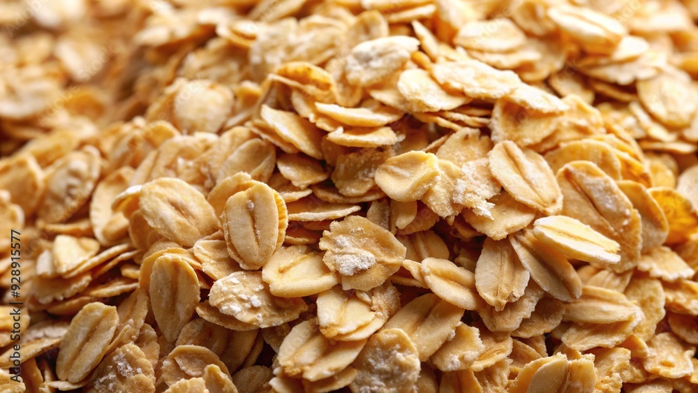 Flaky Feast: Close-up, flaky oatmeal texture, golden brown tones, breakfast Flaky Feast: Close-up, flaky oatmeal texture, golden brown tones, breakfast