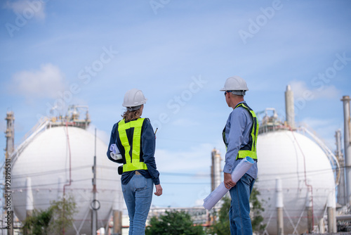 Wallpaper Mural Engineers wearing safety gear, including hard hats examining survey a large blueprint standing industrial facility gas or oil refinery engaged in a job requires high safety standards concept. Torontodigital.ca