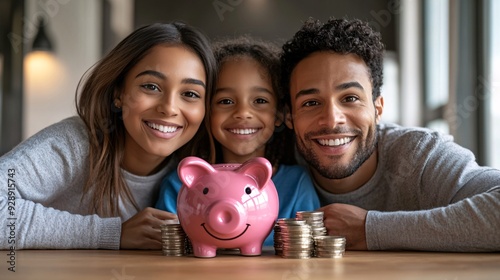 A family discussing their emergency savings plan at the kitchen table with a clear focus on setting aside money for unexpected expenses Stock Photo with copy space photo