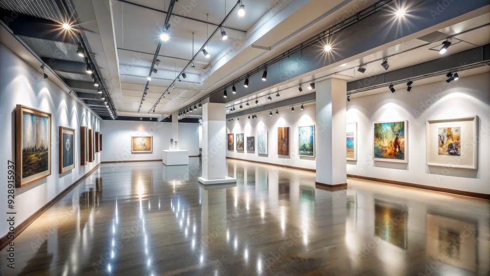 Obraz premium Elegant museum gallery interior with sleek white walls, polished floors, and modern track lighting, featuring a diverse collection of framed contemporary artwork.