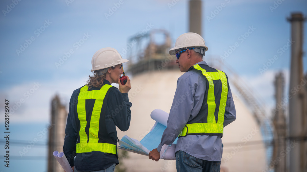 Engineers wearing safety gear, including hard hats examining survey a large blueprint standing industrial facility gas or oil refinery engaged in a job requires high safety standards concept. Engineers wearing safety gear, including hard hats examining survey a large blueprint standing industrial facility gas or oil refinery engaged in a job requires high safety standards concept.