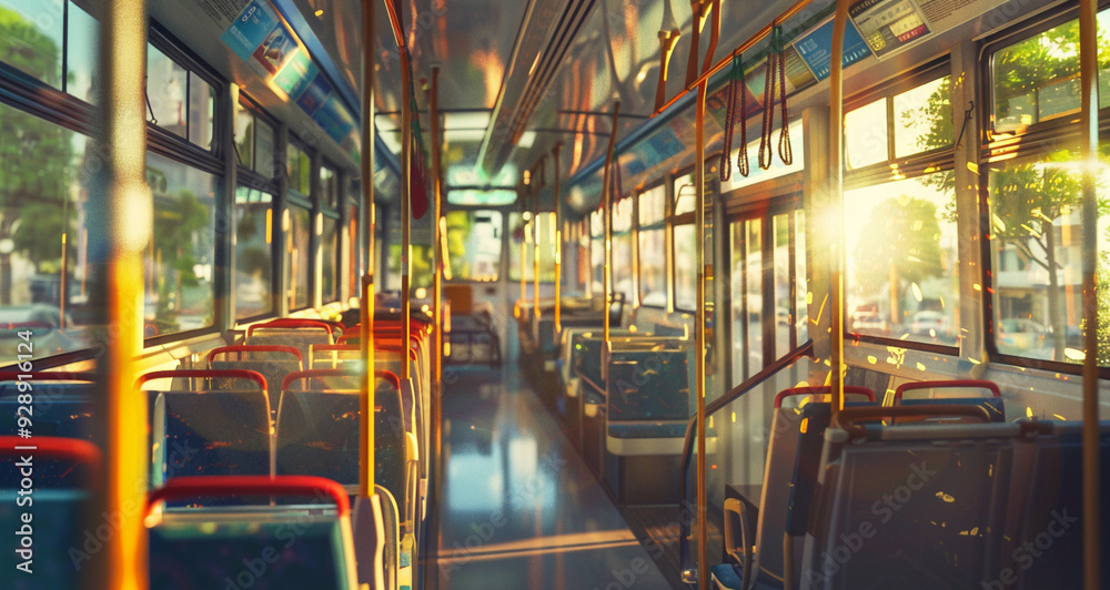 Bus interior with empty seats with two rows . Bus travel scene. HD ...