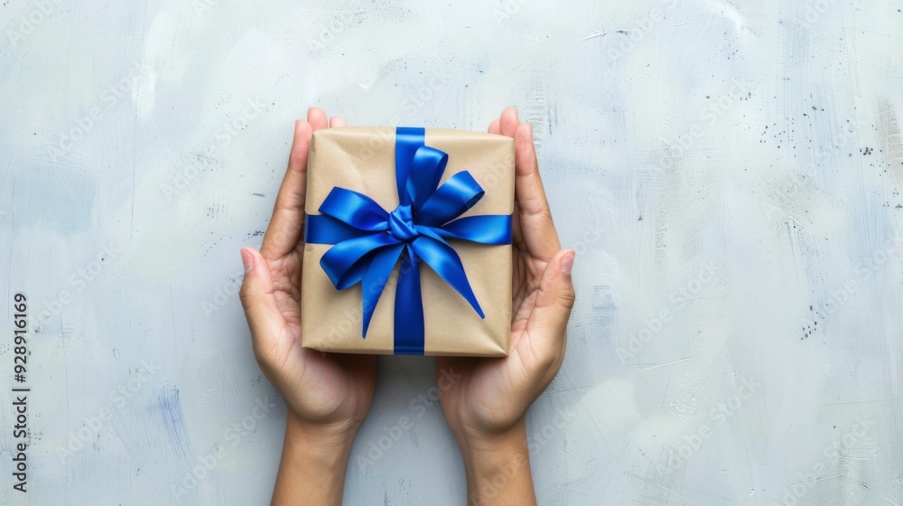 Giht box with blue ribbon with hands top view background illustration generated by ai Giht box with blue ribbon with hands top view background illustration generated by ai