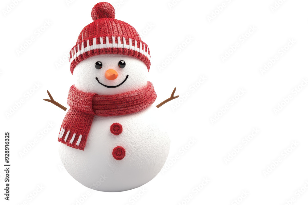 Cheerful snowman wearing a red hat and scarf, featuring a happy smile, carrot nose, and button eyes on a transparent background. Cheerful snowman wearing a red hat and scarf, featuring a happy smile, carrot nose, and button eyes on a transparent background.