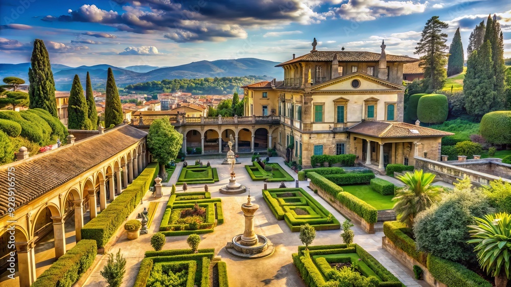 Fototapeta premium Elegant Renaissance-style palace with grandiose arches, ornate stone facades, and lush surrounding gardens, set amidst Florence's historic streets and picturesque Italian landscape.