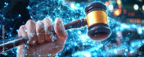 Hand holding a gavel with blue sparkling particles.