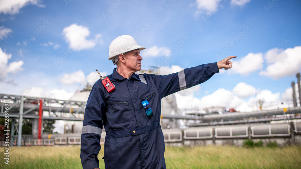 Engineers wearing safety gear, including hard hats examining survey a standing industrial facility gas tank or oil refinery pipeline engaged in a job requires high safety standards concept. Engineers wearing safety gear, including hard hats examining survey a standing industrial facility gas tank or oil refinery pipeline engaged in a job requires high safety standards concept.