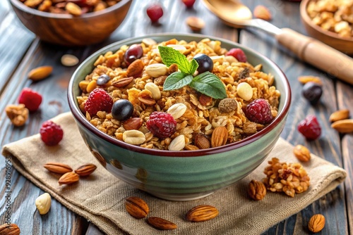 Granola Symphony: Crunchy, colorful, oats mixed with nuts and seeds, breakfast food photo