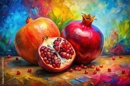 Impressionistic Harmony: Brushstrokes, vibrant colors, evocative pomegranate imagery photo