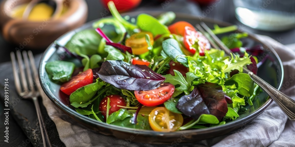 Spring Green Salad Presented on a Table Spring Green Salad Presented on a Table