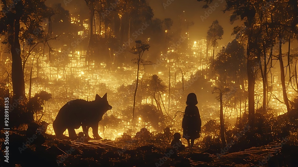 A Girl and a Wolf in a Mystical Golden Forest Illustration A Girl and a Wolf in a Mystical Golden Forest Illustration