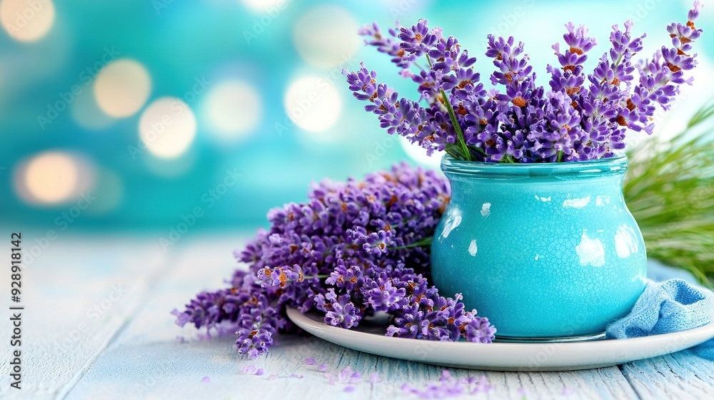 A blue vase brimming with purple blossoms sits atop a white dish alongside a bouquet of lavenders A blue vase brimming with purple blossoms sits atop a white dish alongside a bouquet of lavenders