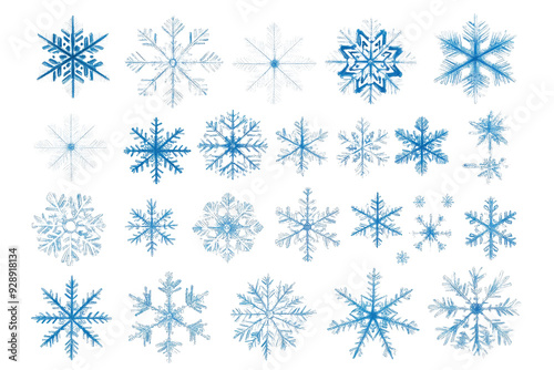 Collection of intricate blue and white snowflake designs isolated on a transparent background, showcasing unique and detailed patterns.