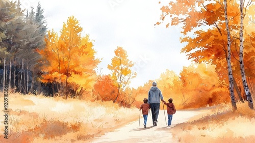 A family hiking through a forest trail, surrounded by the rich colors of autumn, celebrating the Labor Day weekend. Watercolor