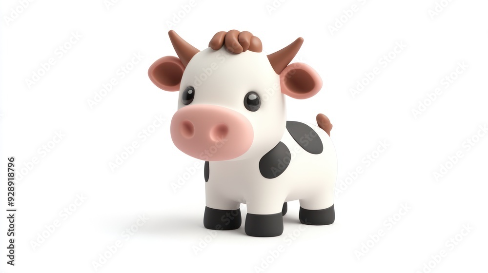 Cute Cartoon Cow Figurine with Pink Nose and Brown Spot Details on White Background Cute Cartoon Cow Figurine with Pink Nose and Brown Spot Details on White Background
