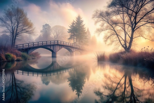 Misty Embrace: Foggy bridge, shrouded river, soft colors, ethereal mood, mysterious atmosphere photo