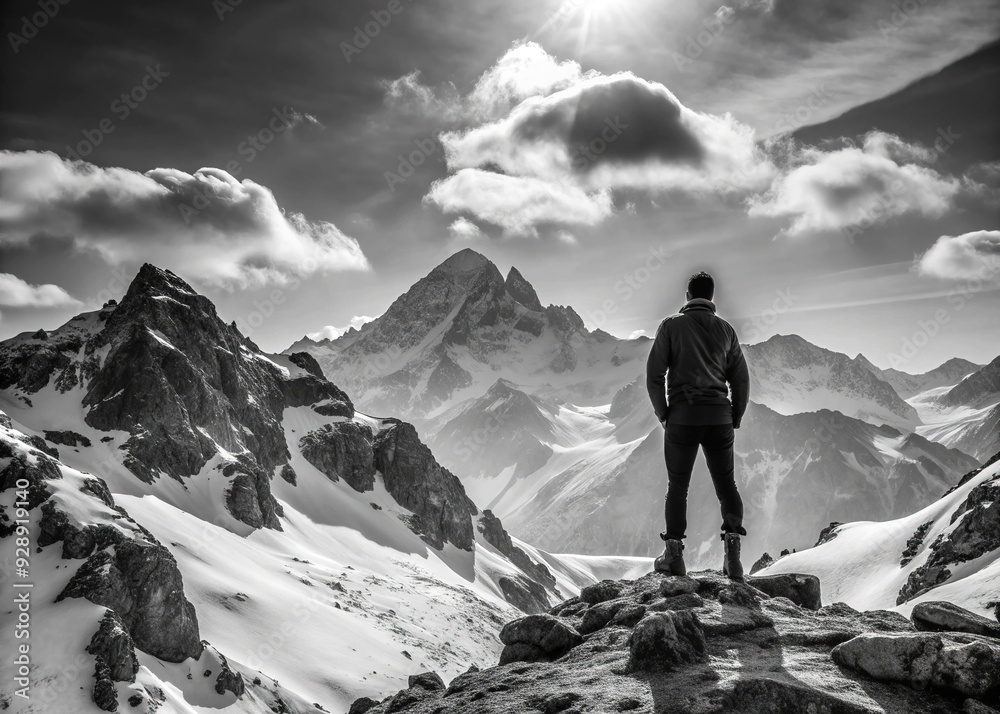 Monochromatic Mountain Majesty: Black and white, sharp silhouette, hiker against snowy peaks Monochromatic Mountain Majesty: Black and white, sharp silhouette, hiker against snowy peaks
