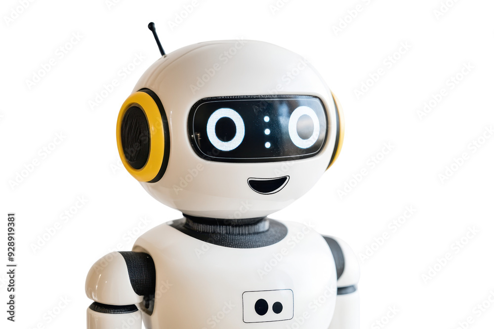Cute white robot with digital face, smiling and looking cheerful. Modern technology and artificial intelligence concept. Cute white robot with digital face, smiling and looking cheerful. Modern technology and artificial intelligence concept.