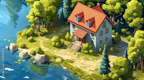 Scenic Lake House in Isometric Rendering