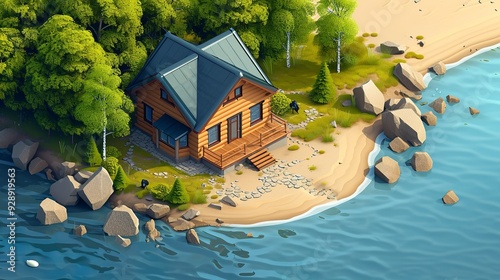 Serene Lakefront House in Isometric View