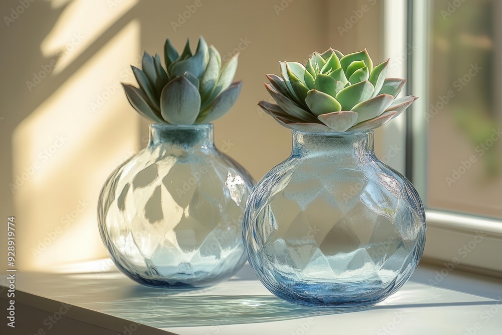 minimalist still life with two translucent glass vases one holding geometric succulent casting intricate shadows on white surface dappled sunlight creating abstract patterns