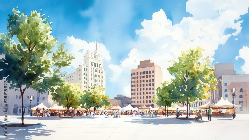 Obraz premium A bustling city square with families enjoying a Labor Day market, filled with food stalls, crafts, and live music. Watercolor