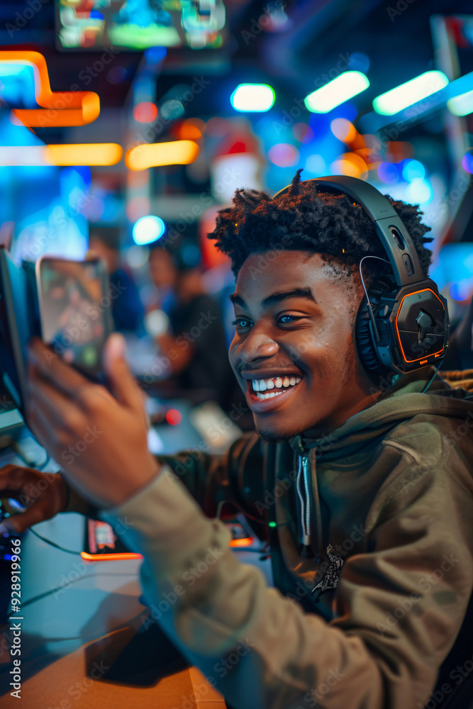 A young black man playing video games while wearing headphones and smiling. A young black man playing video games while wearing headphones and smiling.