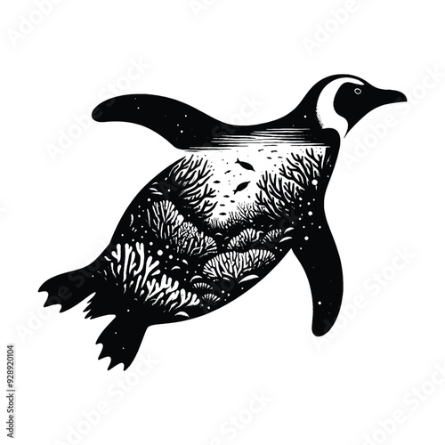 silhouette of Penguin filled with underwater view with coral in rough drawing