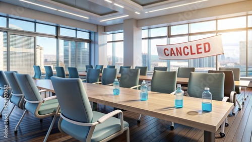 Empty conference room with socially distanced chairs, face masks, and hand sanitizer, awaiting cancelled or virtual event due to COVID-19 pandemic restrictions.