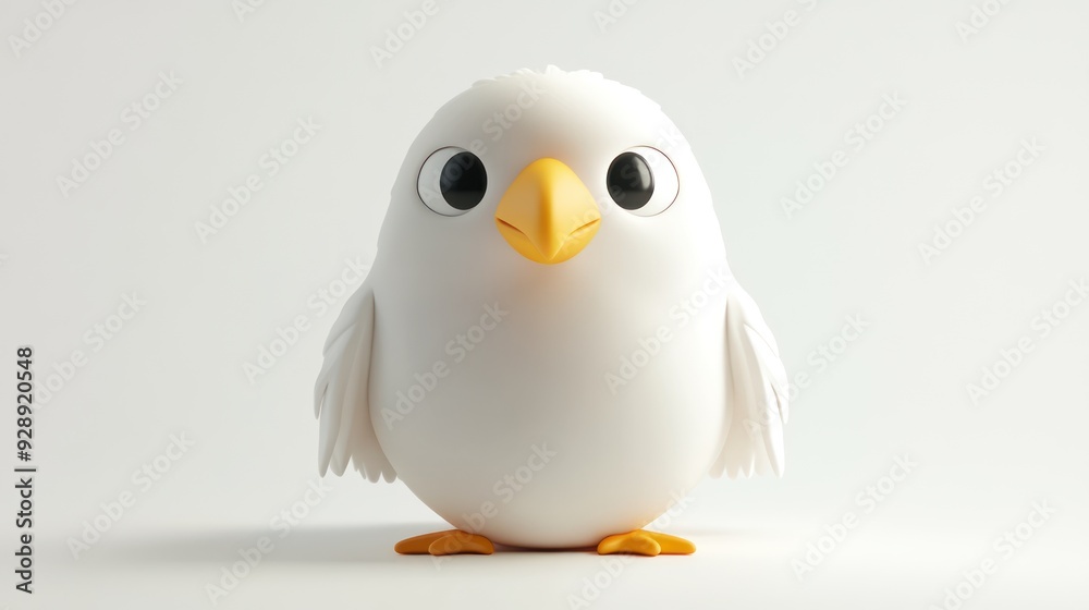 Fototapeta premium Adorable Cartoon White Bird Character with Large Eyes and Yellow Beak on White Background