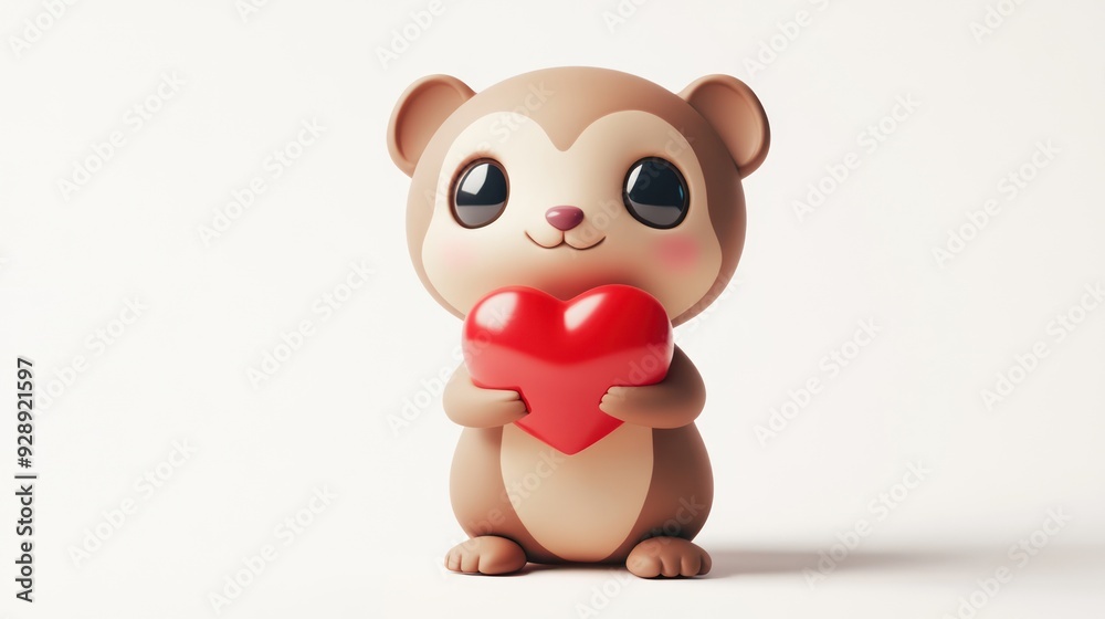 Naklejka premium Adorable Cartoon Animal Holding a Heart with Sweet Expression on White Background