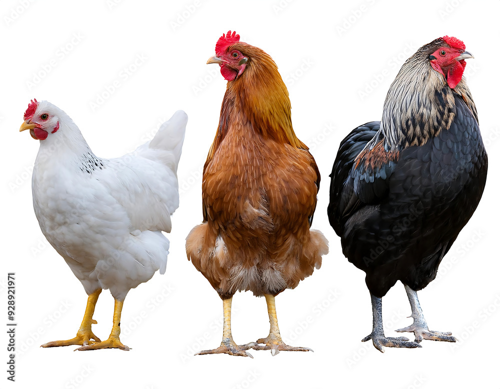 Fototapeta premium collection three white black brown chicken animal bundle isolated white background transparent png