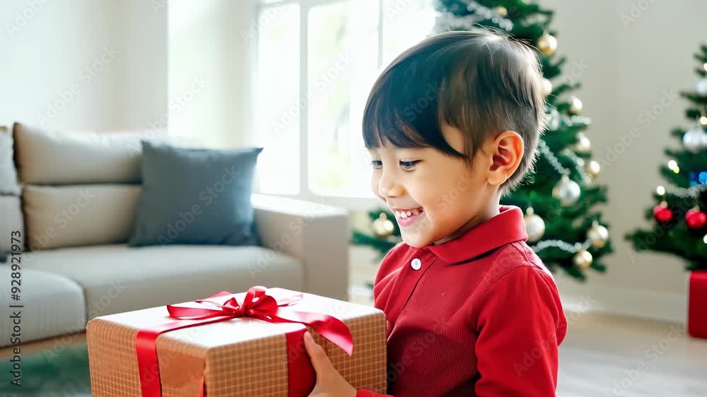 Joyful Asian Child Holding a Christmas Gift in Front of a Decorated Tree. Concept of Holiday Cheer, Festive Spirit, Seasonal Celebration, Happy Moments. Joyful Asian Child Holding a Christmas Gift in Front of a Decorated Tree. Concept of Holiday Cheer, Festive Spirit, Seasonal Celebration, Happy Moments.