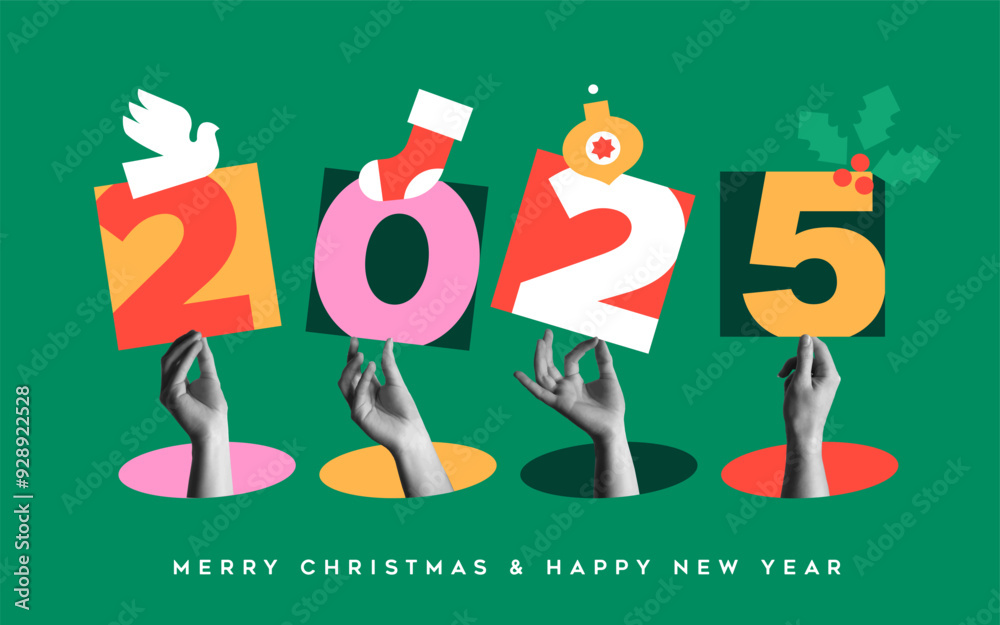 Fototapeta premium Christmas and New Year 2025 human hands in retro collage vector illustration
