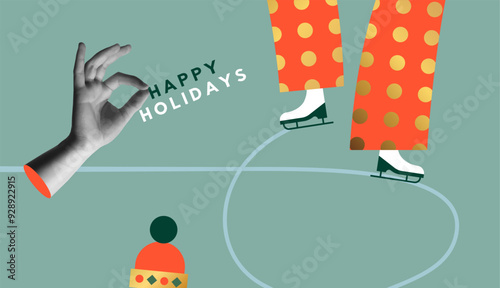Happy holidays ice skating and human hand in collage vector illustration