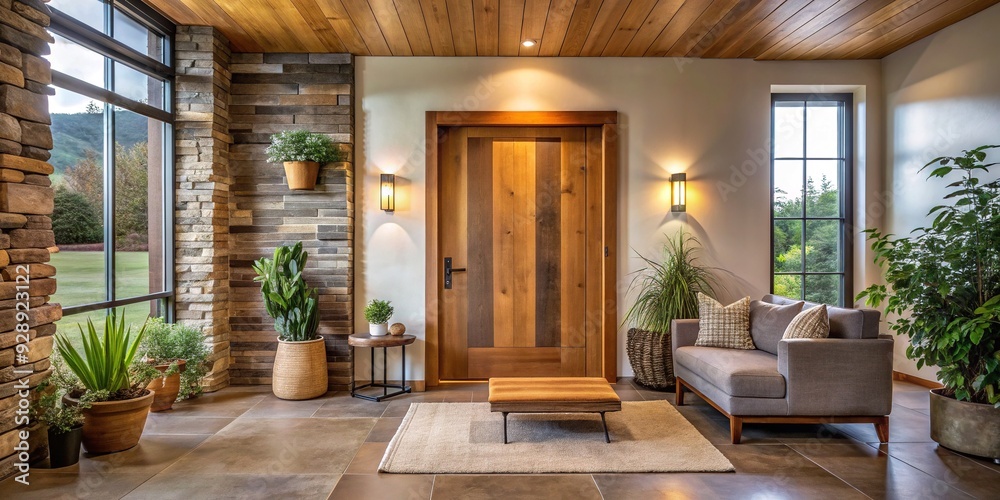 Serene Rustic Sanctuary: Modern door with warm wood accents, creating a tranquil and inviting atmosphere.