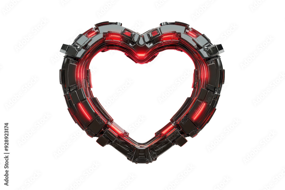 Futuristic heart shape with glowing red lights and black metallic elements, representing technology and modern design in a unique style. Futuristic heart shape with glowing red lights and black metallic elements, representing technology and modern design in a unique style.