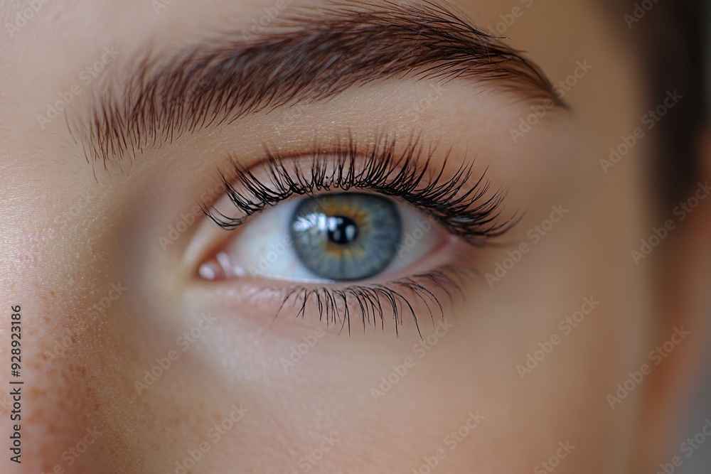 Detailed View of Long Eyelashes on Woman Eye, Eyelash Extension Detailed View of Long Eyelashes on Woman Eye, Eyelash Extension